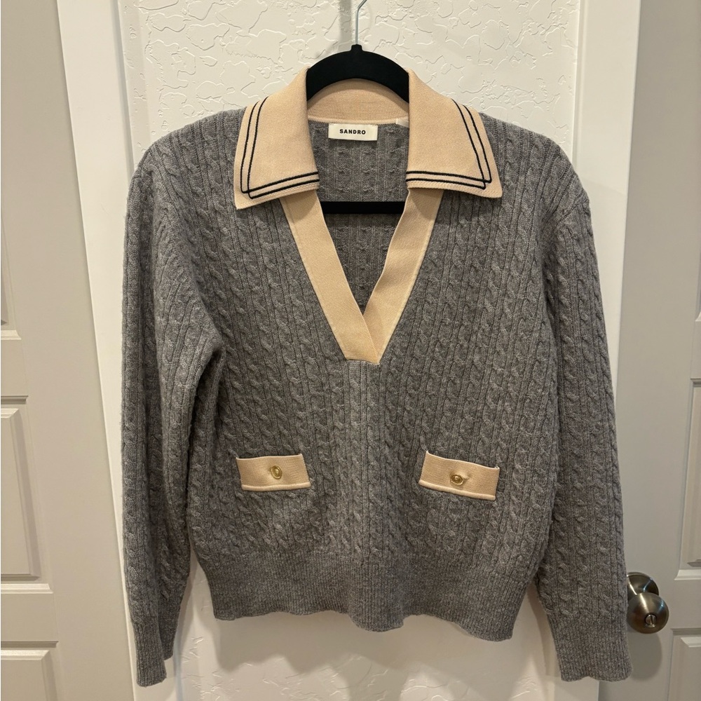 Sandro Nea Cable Knit Polo Collar Sweater - Picture 2 of 4